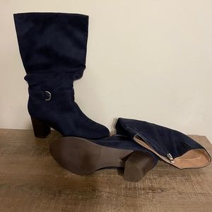 Navy blue knee high wide calf boots
